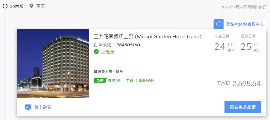 上野三井花園飯店住房價位